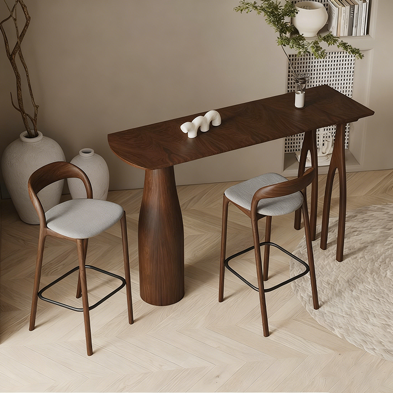 Modern Mid-Century Solid Pine Wood Bar Table With Sculptural Tapered Pedestal For Home Dining