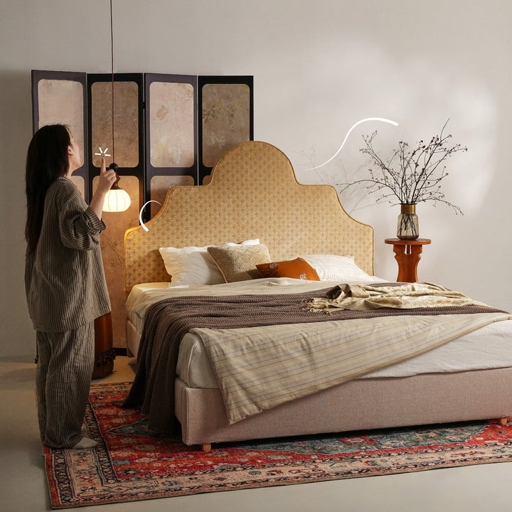 Detachable Dual-Tone Leather &amp; Fabric Covers - Elegant French Curved Headboard Bed Frame For Your Bedroom
