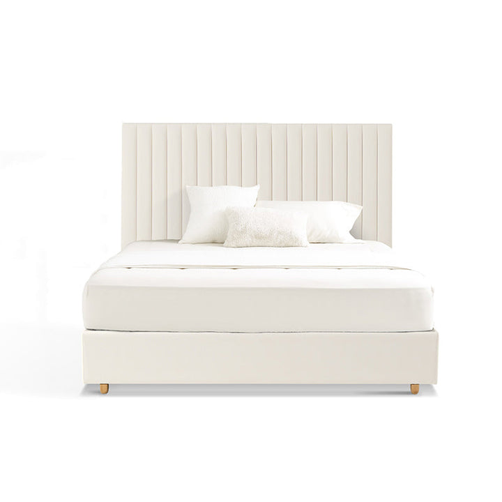 White Vertical Channel Tufted Headboard Bed Frame - French-Style Soft Upholstery &amp; Clean Edge Bed For Your Bedroom