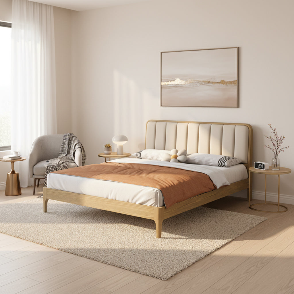 French Romantic Aesthetic Recessed Bed Frame - Genuine Leather Upholstered &amp; Ash Wood Bed For Bedroom