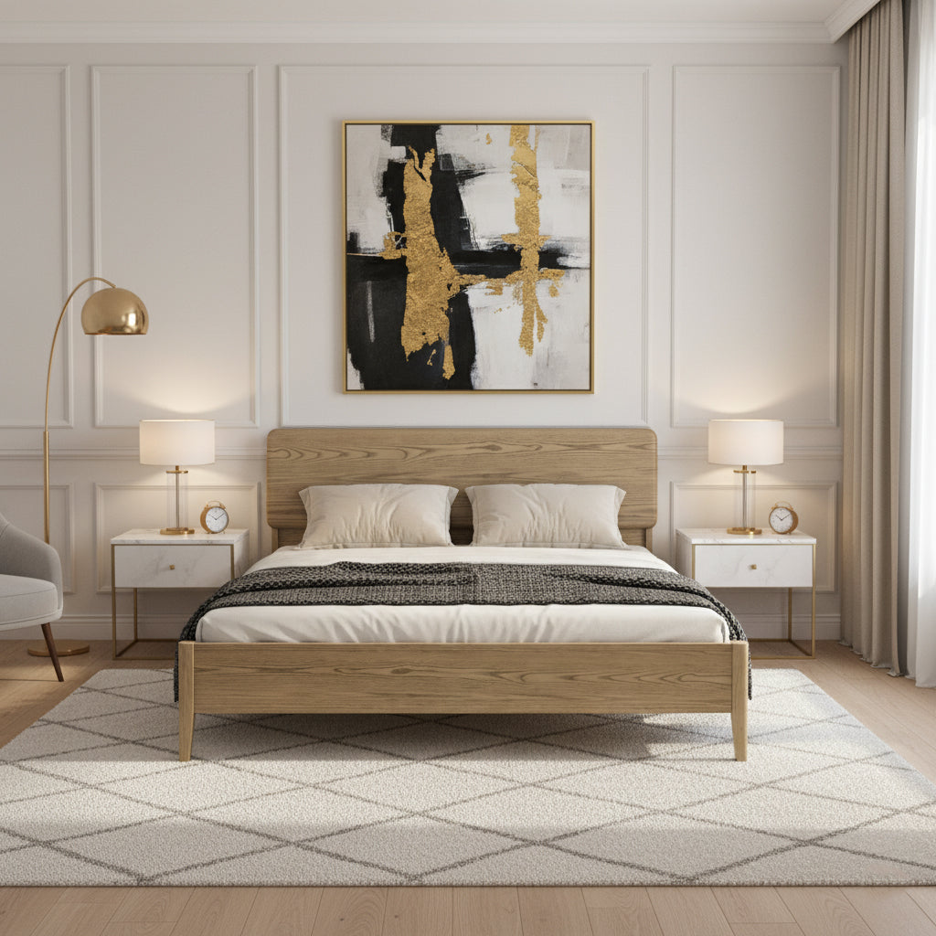 Traditional Rustic Flush-Edge Bed Frame - Full Ash Wood Frame &amp; Pine Slats Adjustable Height Bed For Bedroom