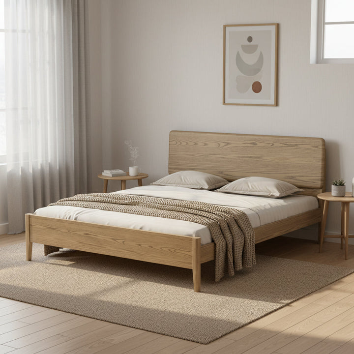 Traditional Rustic Flush-Edge Bed Frame - Full Ash Wood Frame &amp; Pine Slats Adjustable Height Bed For Bedroom