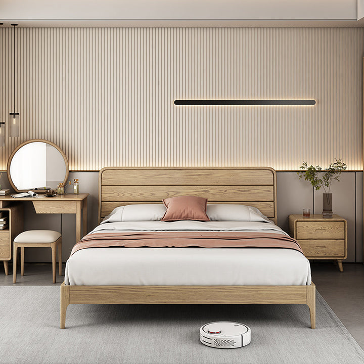 Consistent Texture Bed Frame - Flush Edge &amp; Adjustable Height Ash Wood Bed For Bedroom
