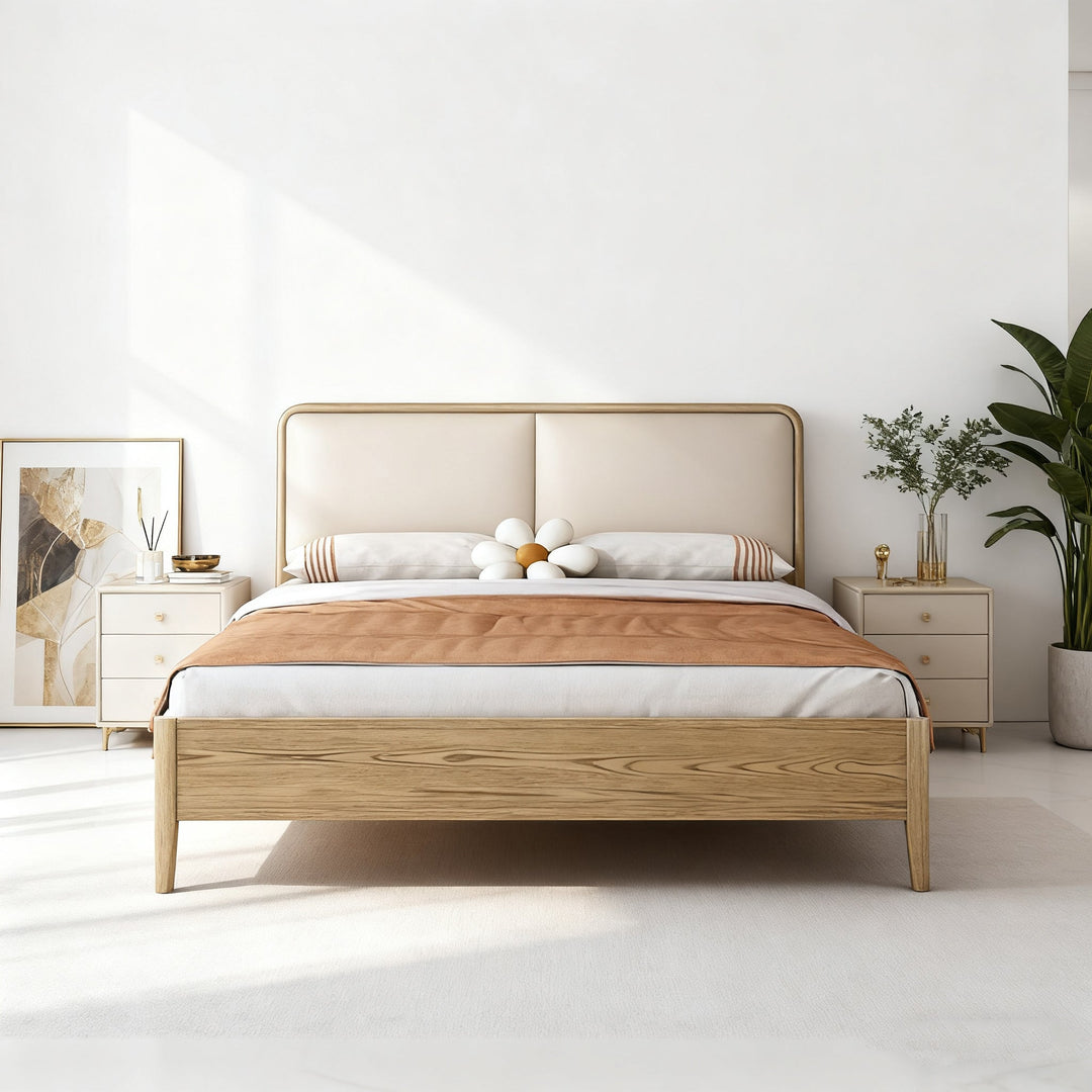 French Flush-Edge Bed Frame - Genuine Leather Headboard &amp; Breathable Pine Slats Bed For Bedroom