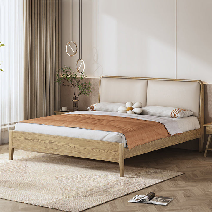 French Flush-Edge Bed Frame - Genuine Leather Headboard &amp; Breathable Pine Slats Bed For Bedroom