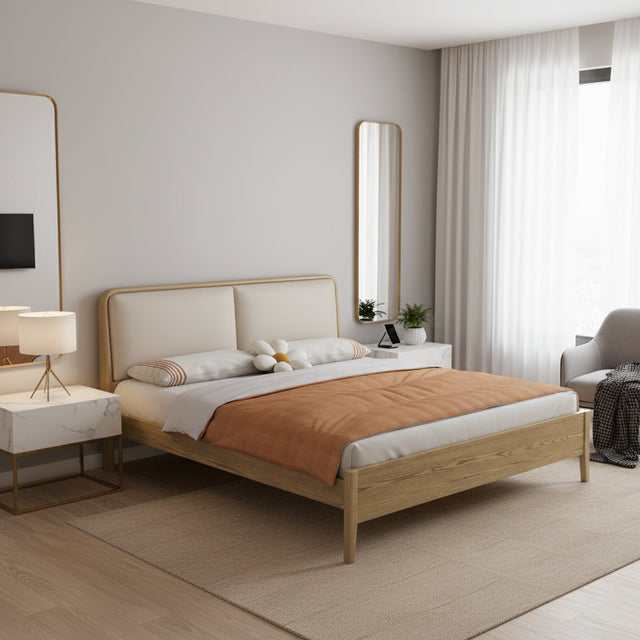 French Flush-Edge Bed Frame - Genuine Leather Headboard & Breathable Pine Slats Bed For Bedroom