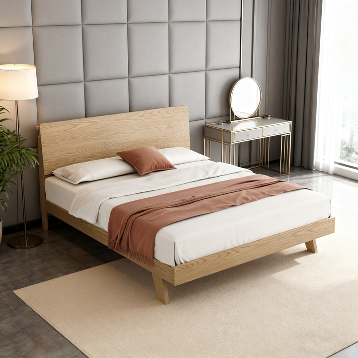Minimalist Flush-Edge Design Bed Frame - Full Ash Wood Frame Bed For Bedroom